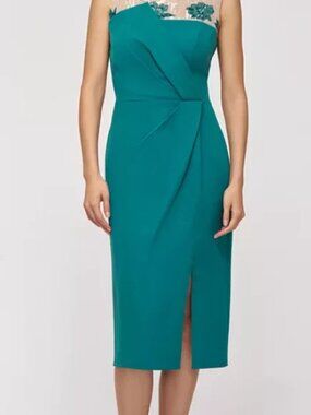 JS Collections Womens Adelaide Illusion-Yoke Embellished Sheath Dress Emerald